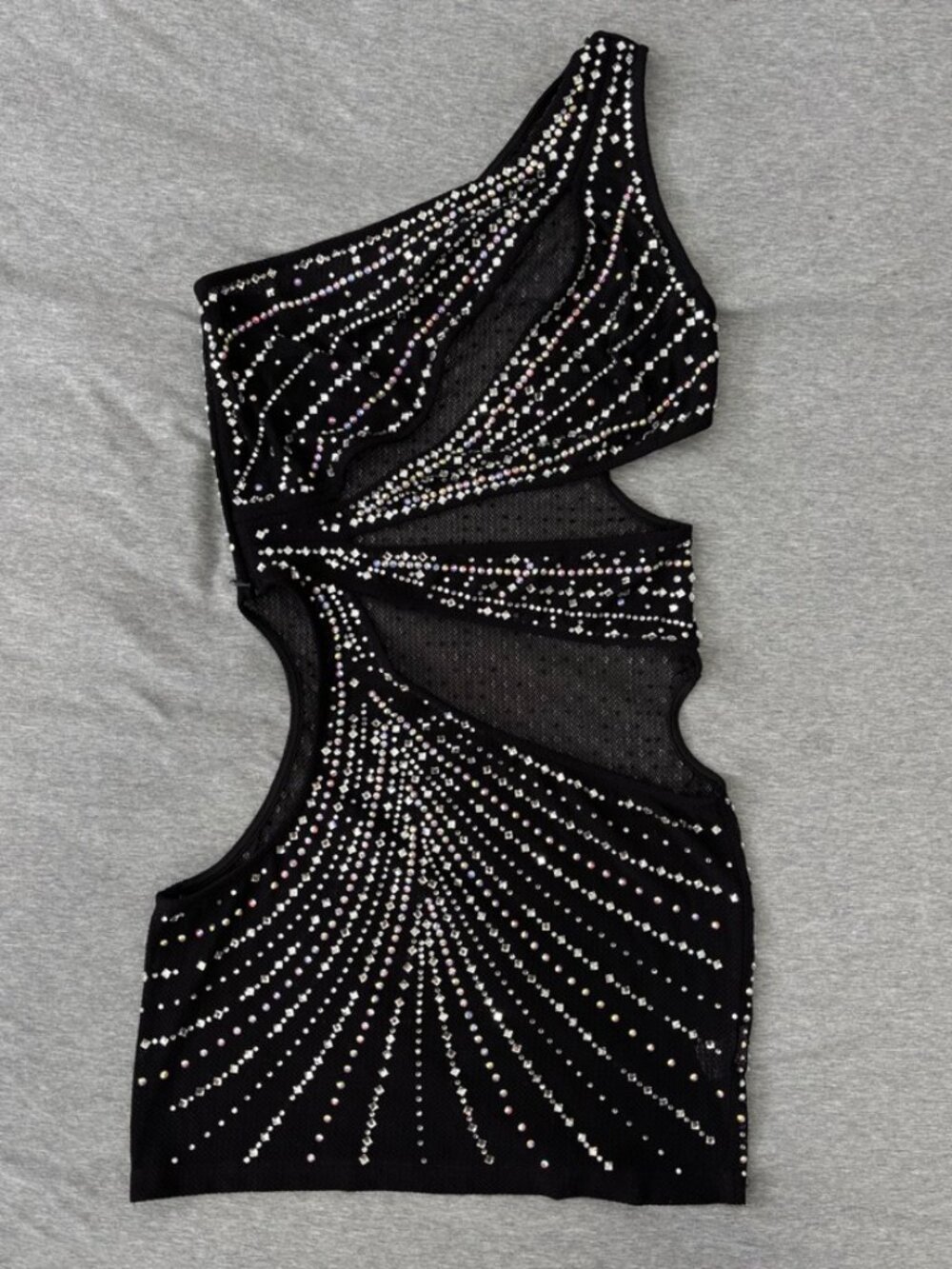 Banjul Black Rhinestone Asymmetric Mesh Medium Rave Y2K Cutout Clubwear Dress